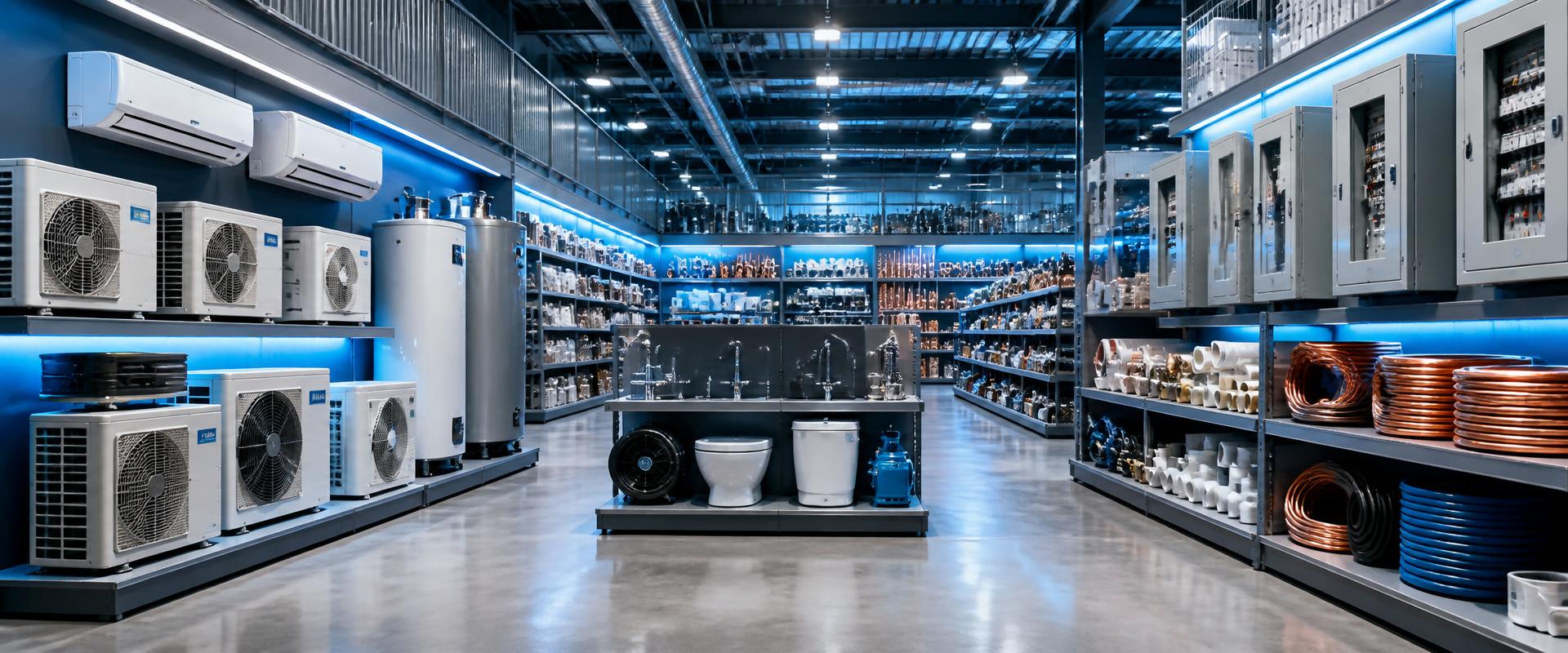 Sun Air Supplies and Appliances warehouse showing HVAC units, electrical panels, and plumbing supplies
